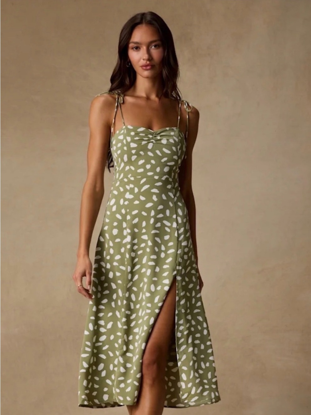 Lulus “Party in Paris” Sage Green Print Tie-Strap Midi Dress